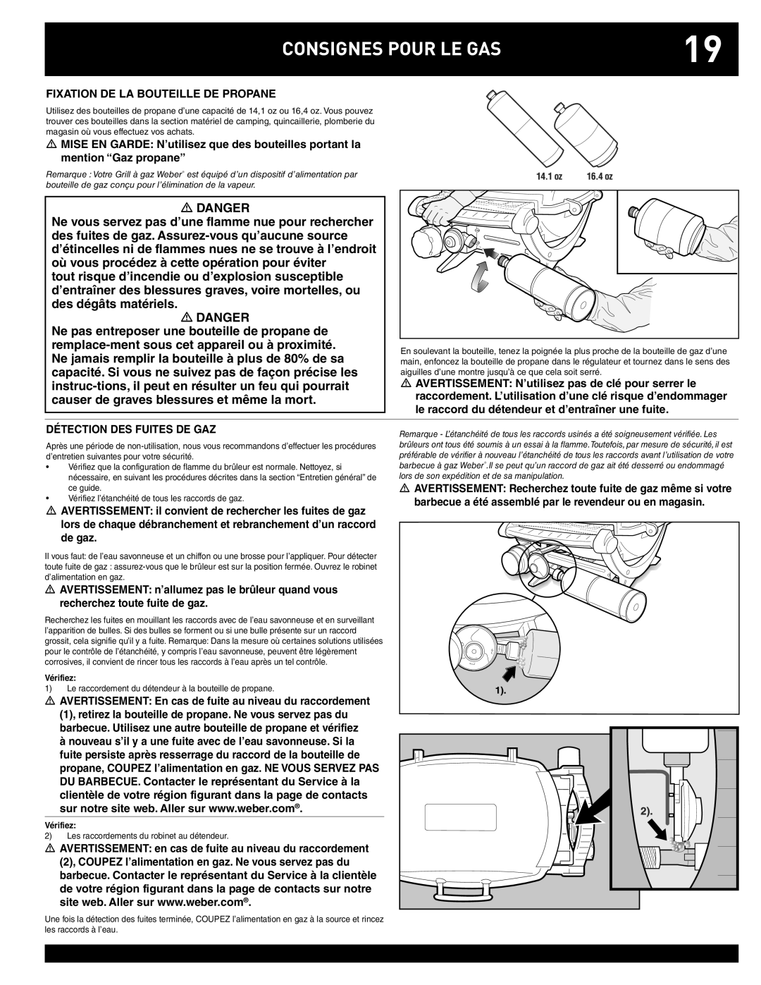 Weber Q220, Q100 instruction manual Consignes Pour LE GAS, Fixation DE LA Bouteille DE Propane, Détection DES Fuites DE GAZ 