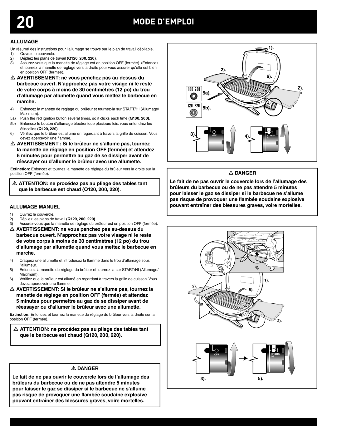 Weber Q100, Q220 instruction manual Mode D’EMPLOI, Allumage Manuel 