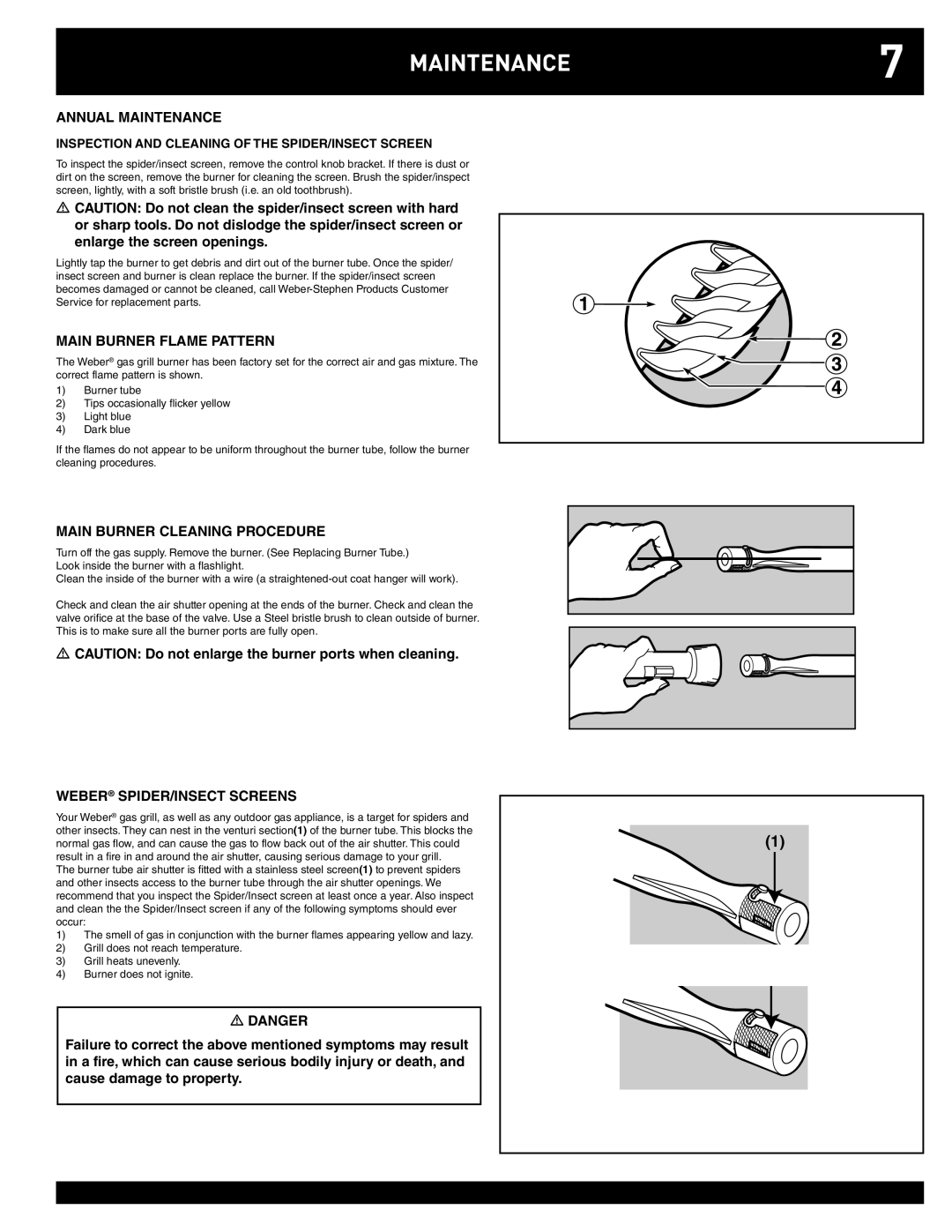 Weber Q220, Q100 MAINTENANCE7, Annual Maintenance, Main Burner Flame Pattern, Main Burner Cleaning Procedure 