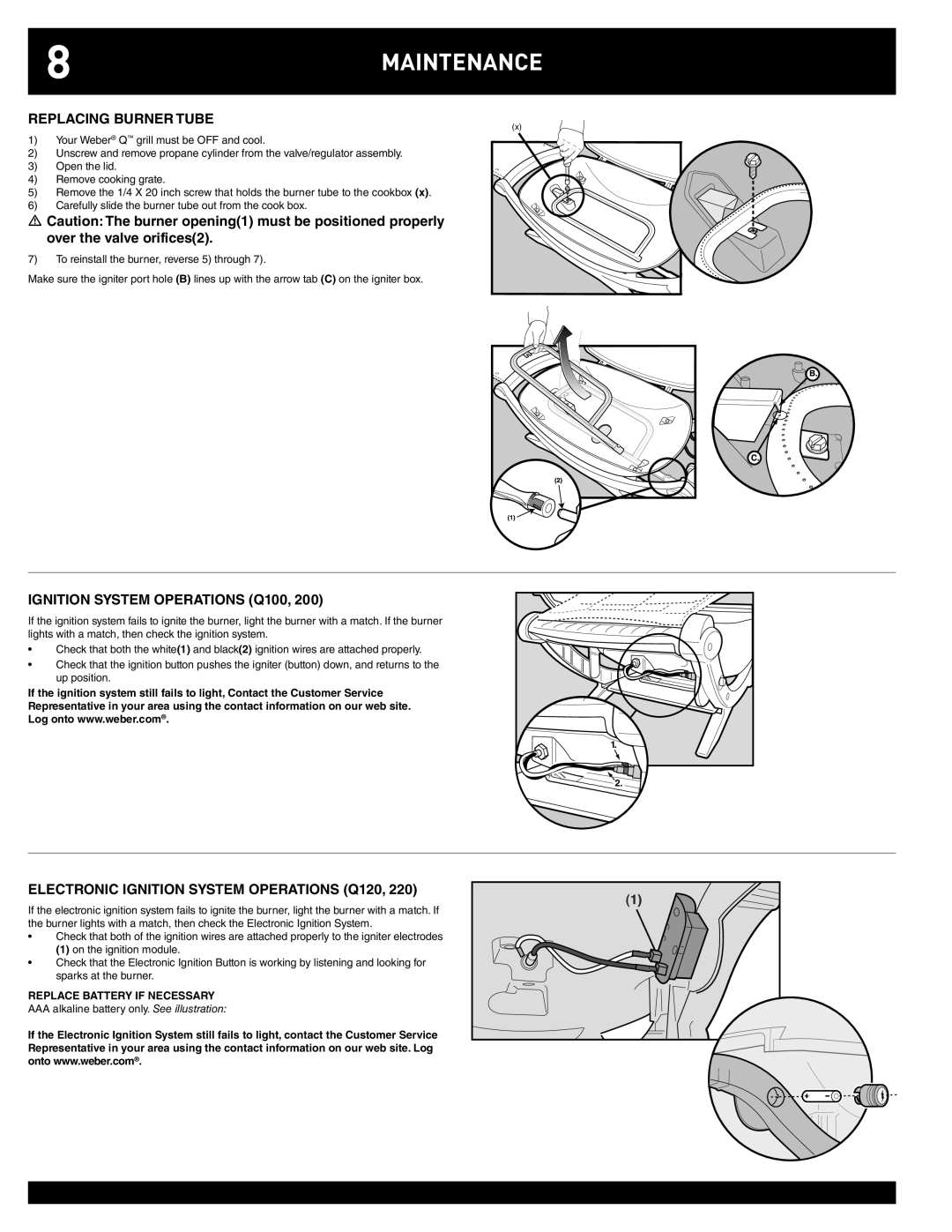 Weber Maintenance, Replacing Burner Tube, Ignition System Operations Q100, Electronic Ignition System Operations Q120 