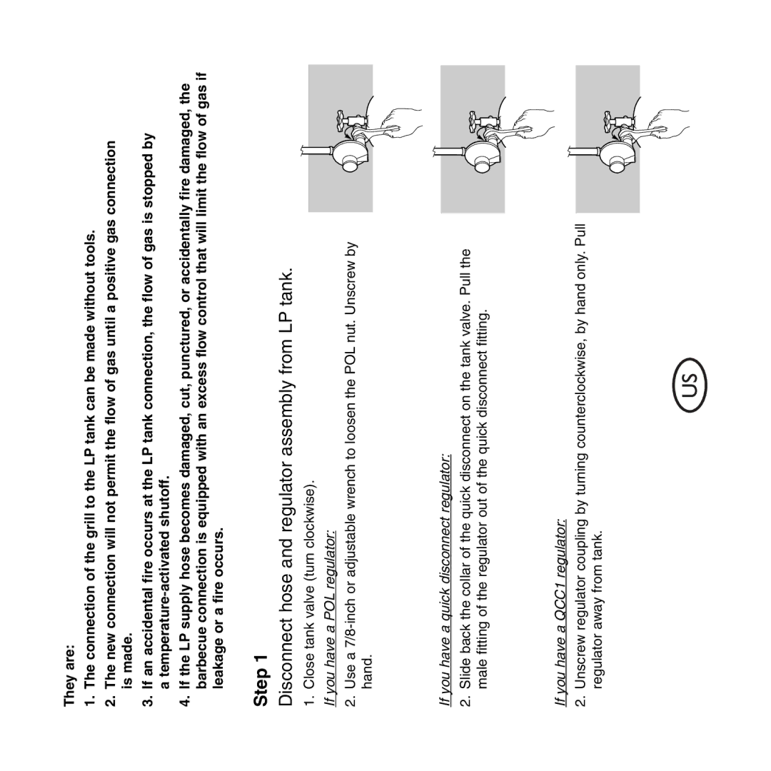 Weber Hose and Regulator Replacement, QCC1 manual Step, Disconnect hose and regulator assembly from LP tank 