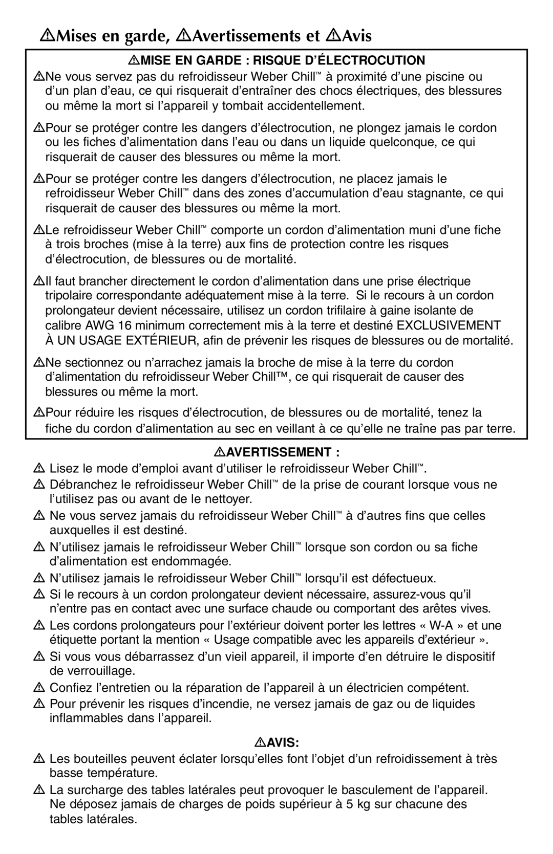 Weber Refrigerator manual Mises en garde, Avertissements et Avis, Mise EN Garde Risque D’ÉLECTROCUTION 