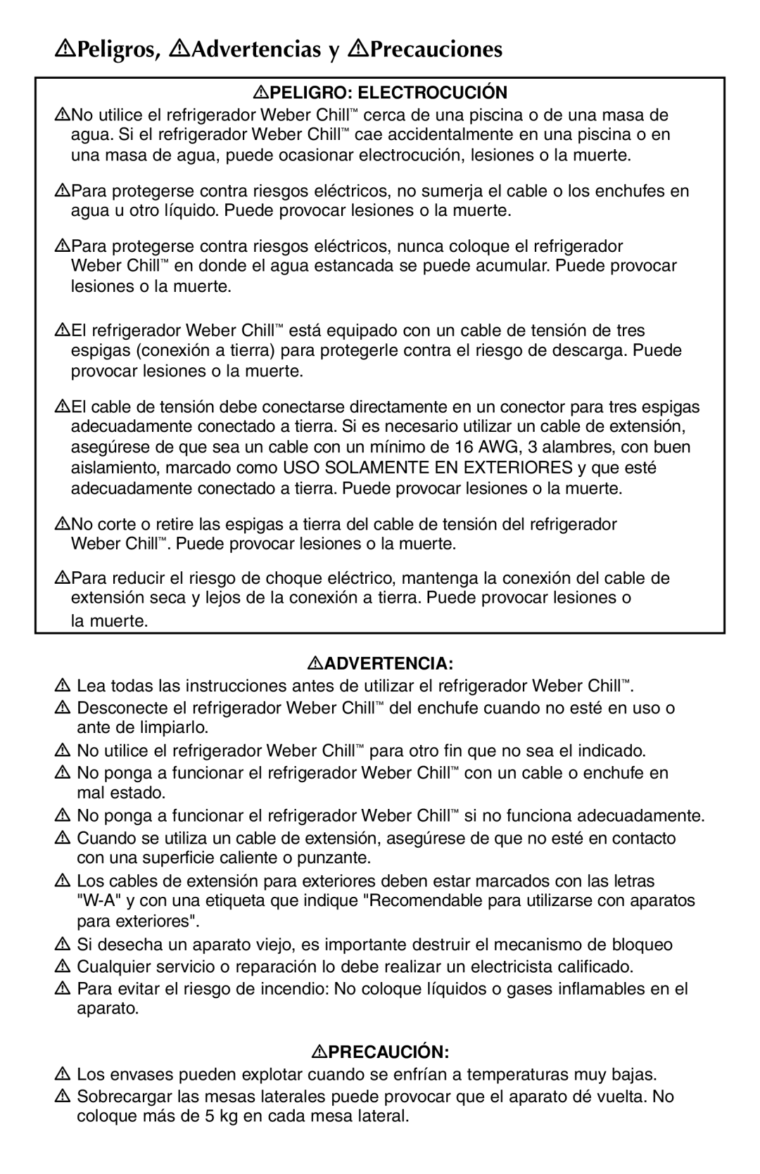 Weber Refrigerator manual Peligros, Advertencias y Precauciones, Peligro Electrocución 