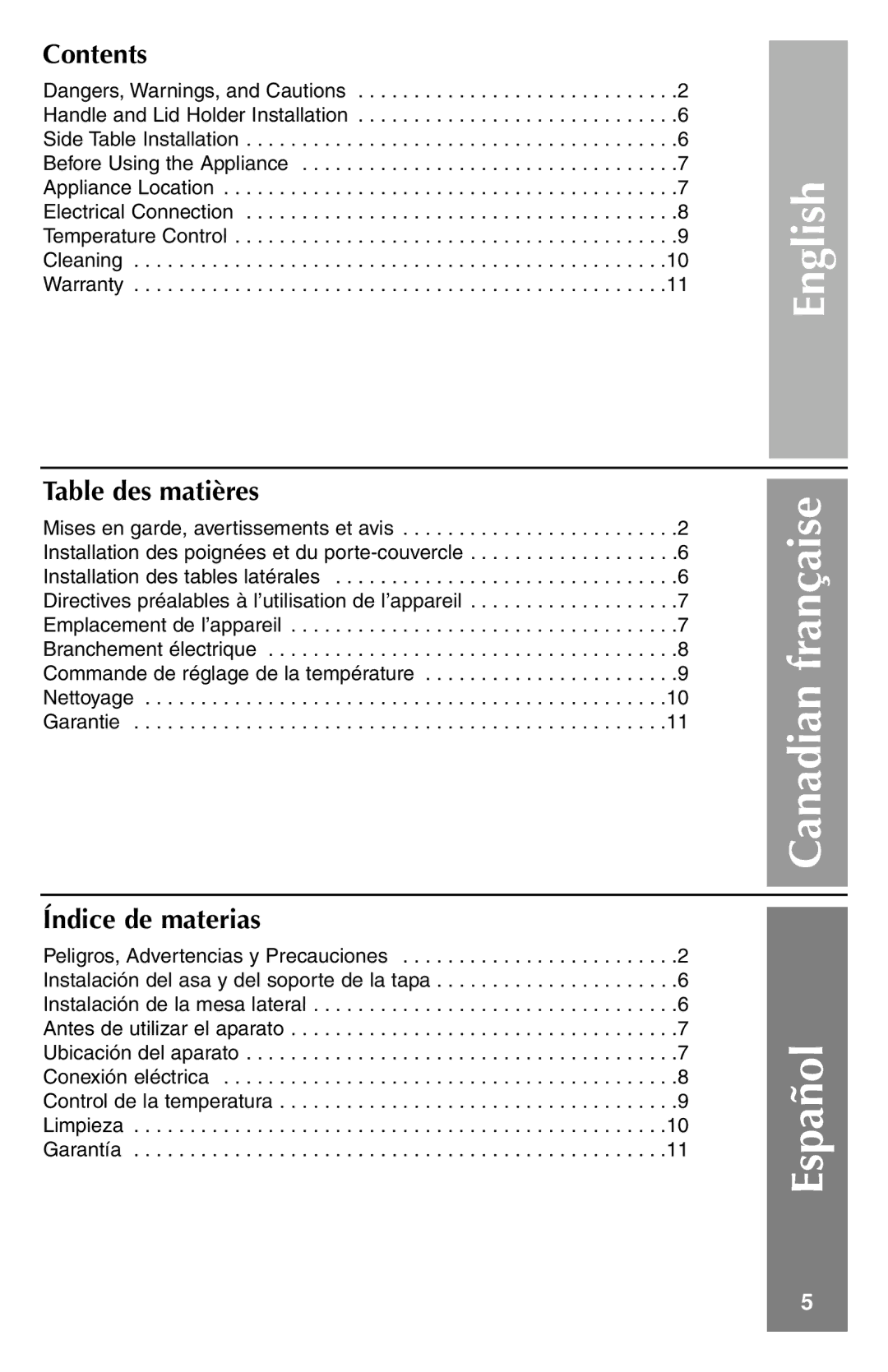 Weber Refrigerator manual Contents, Table des matières, Índice de materias 