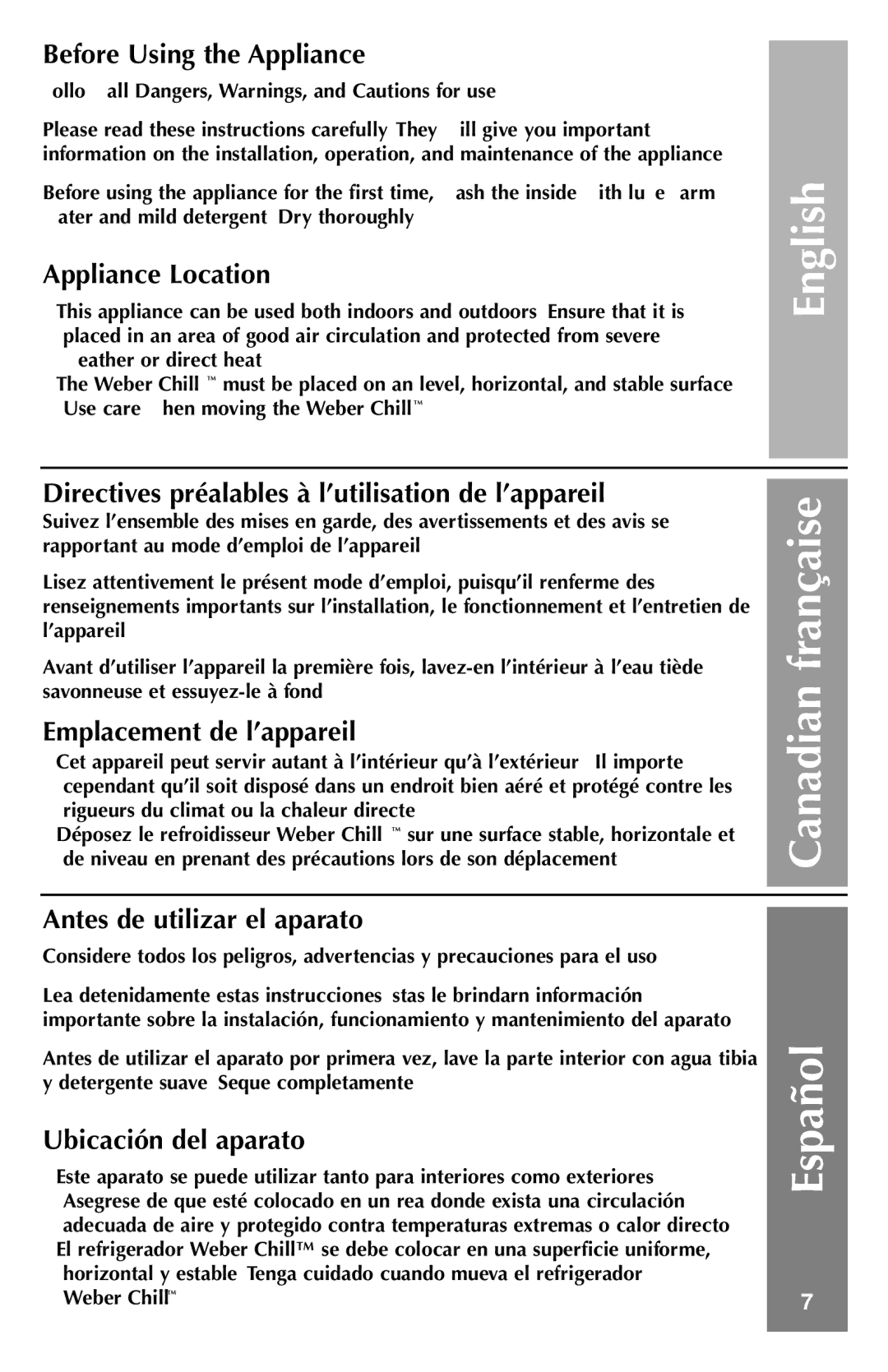 Weber Refrigerator Before Using the Appliance, Appliance Location, Directives préalables à l’utilisation de l’appareil 