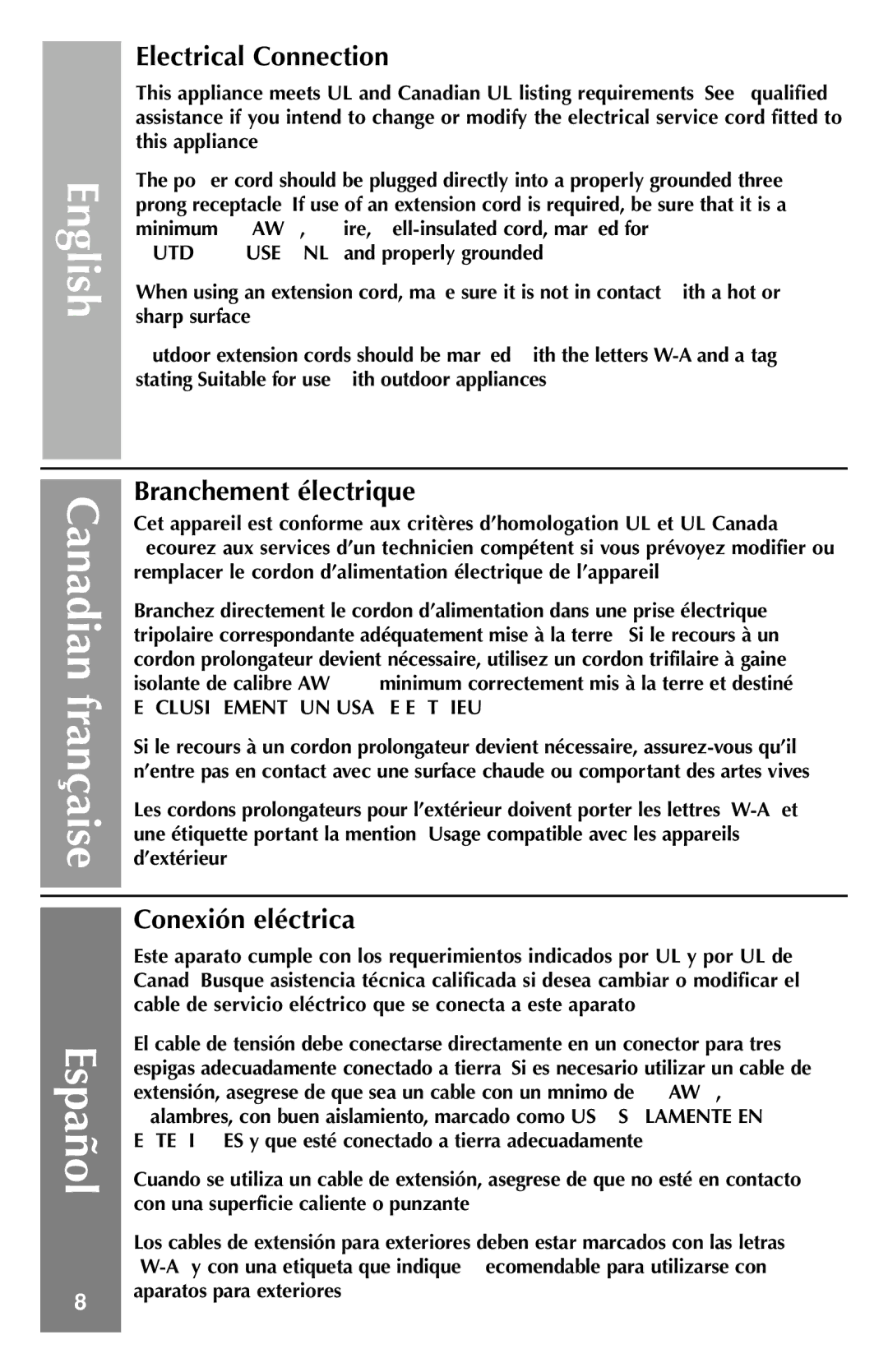 Weber Refrigerator manual Electrical Connection, Branchement électrique, Conexión eléctrica 