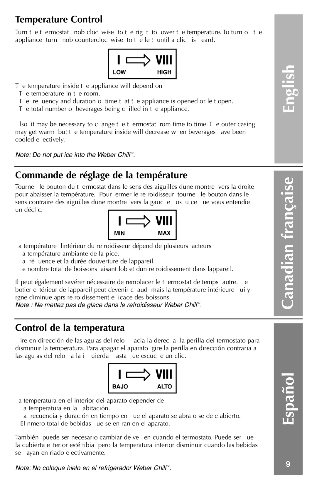 Weber Refrigerator manual Temperature Control, Commande de réglage de la température, Control de la temperatura 