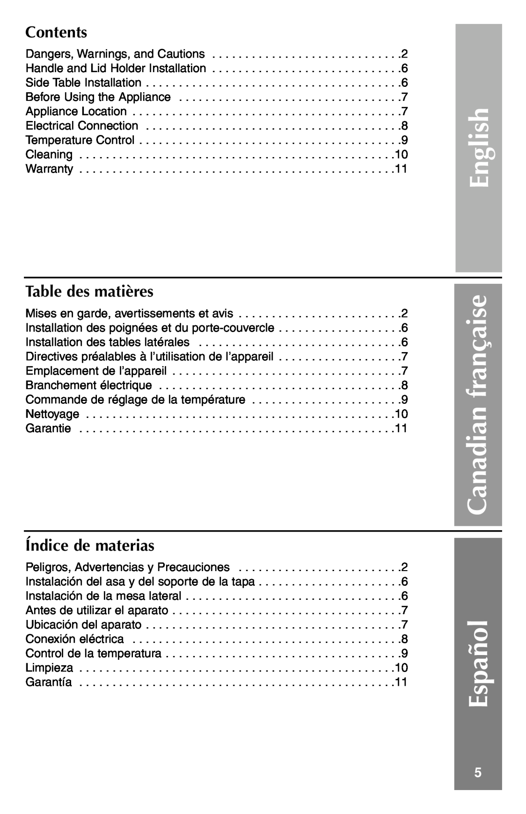 Weber Refrigerator manual English, Canadian française Español, Contents, Table des matières, Índice de materias 
