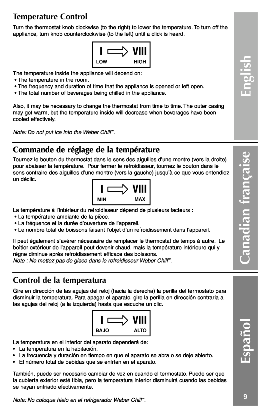 Weber Refrigerator Español, Temperature Control, Commande de réglage de la température, Control de la temperatura, English 
