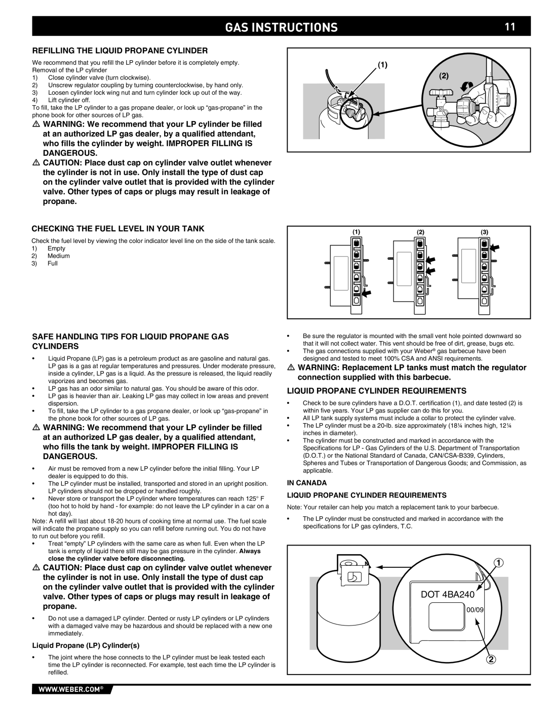 Weber S-460 manual Refilling the Liquid Propane Cylinder, Checking the Fuel Level in Your Tank 