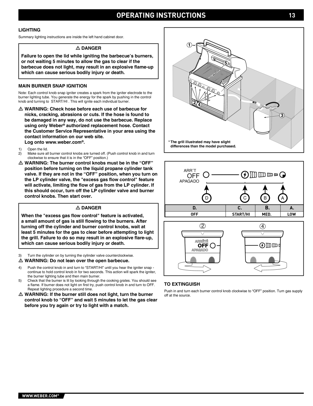 Weber S-460 manual Operating Instructions, Lighting, Main Burner Snap Ignition, To Extinguish 