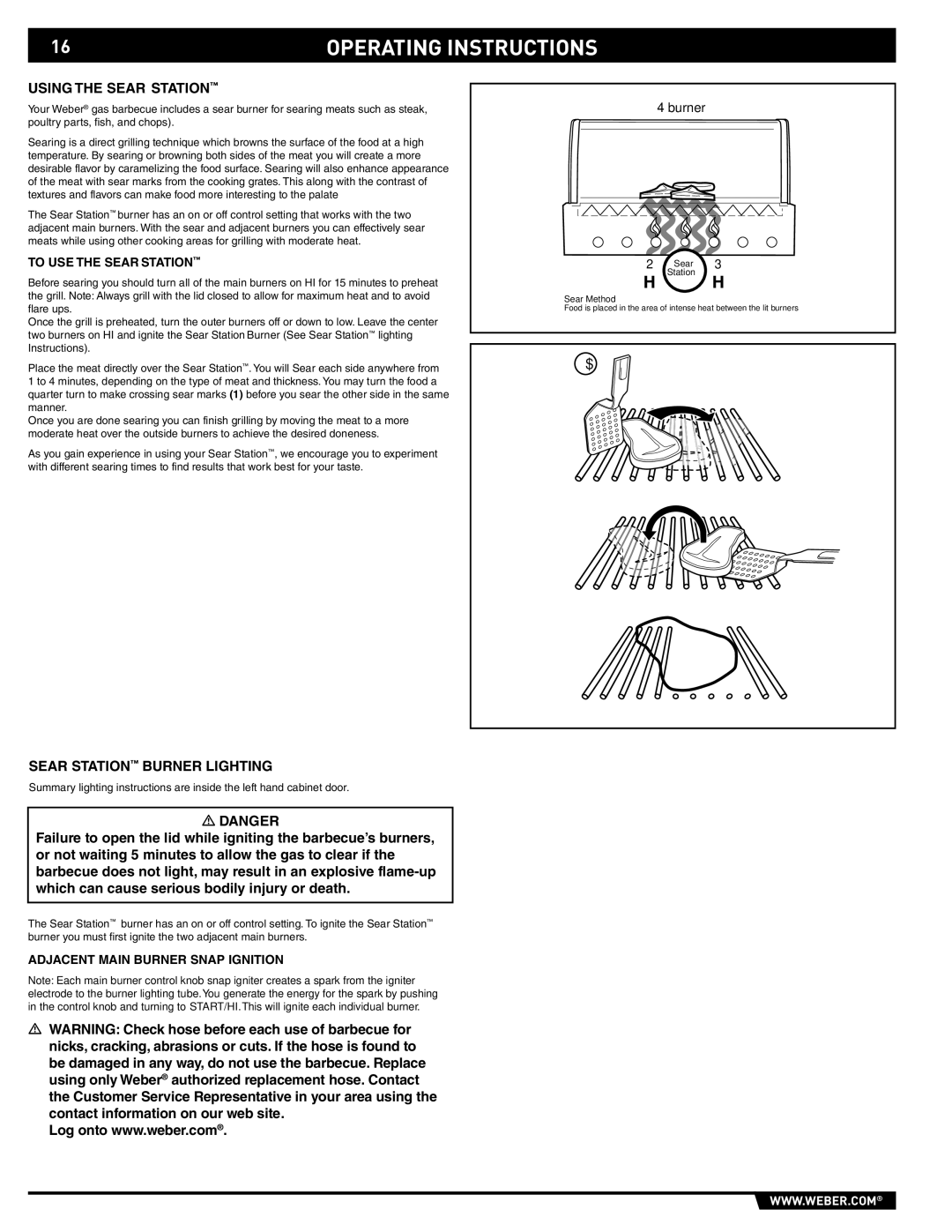 Weber S-460 manual Using the Sear Station, Sear Station Burner Lighting, To USE the Sear Station 
