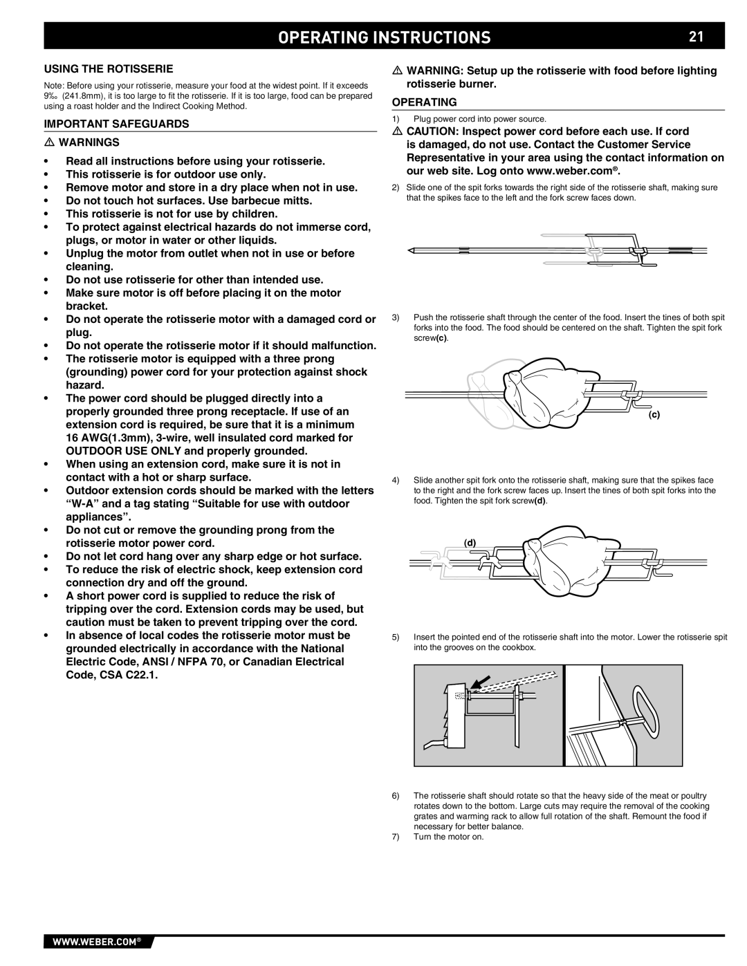 Weber S-460 manual Using the Rotisserie Important Safeguards, Operating 