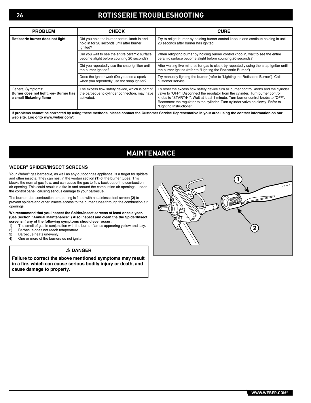 Weber S-460 manual Rotisserie Troubleshooting, Maintenance, Weber SPIDER/INSECT Screens 