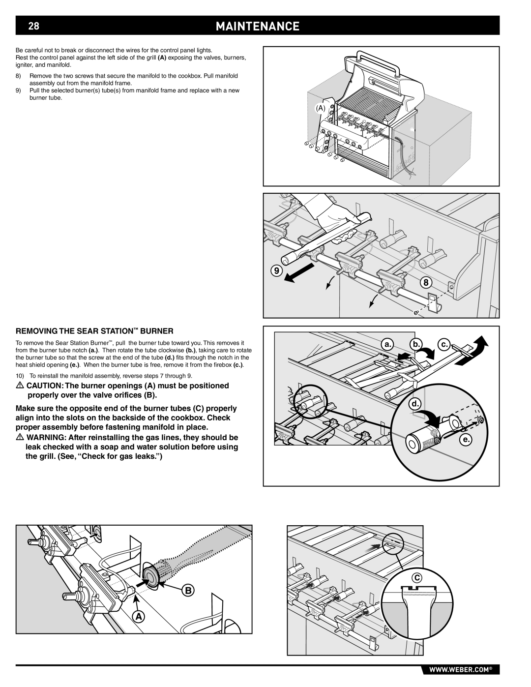 Weber S-460 manual 28MAINTENANCE, Removing the Sear Station Burner 