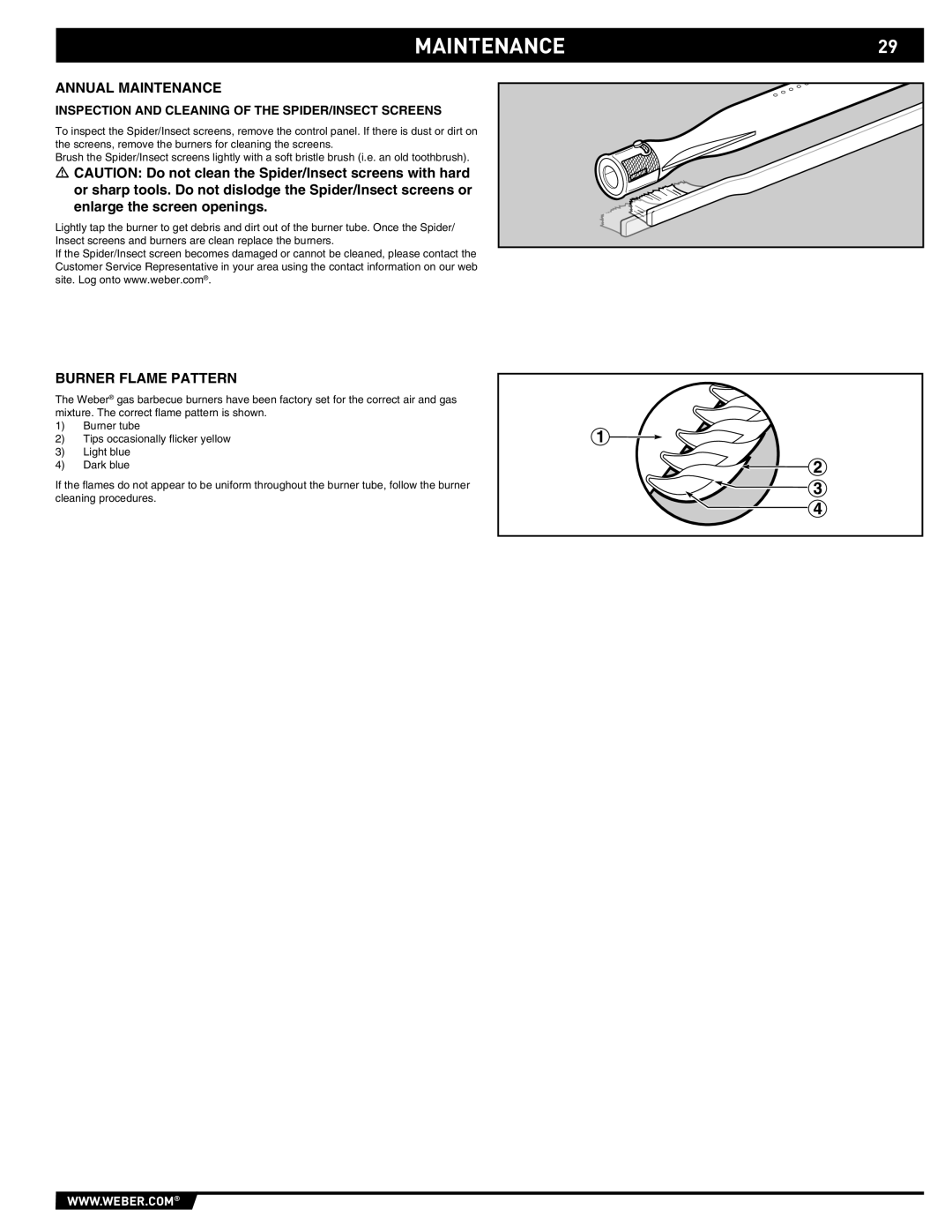 Weber S-460 MAINTENANCE29, Annual Maintenance, Burner Flame Pattern, Inspection and Cleaning of the SPIDER/INSECT Screens 