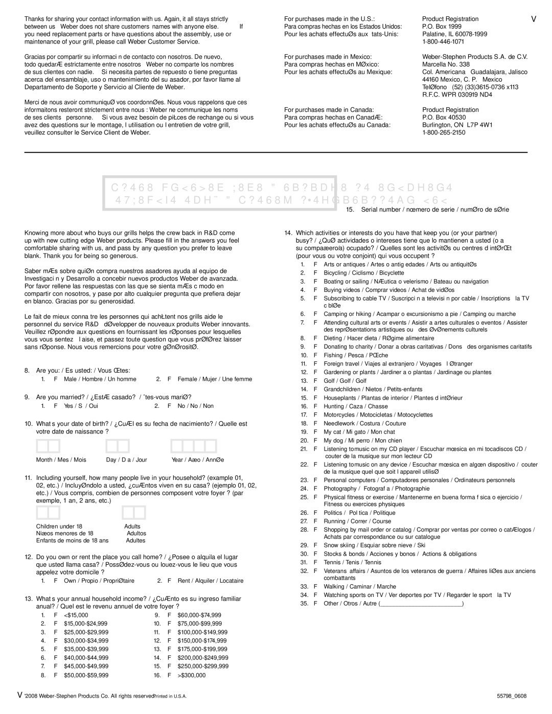 Weber S-460 manual Pour les achats effectués aux États-Unis 