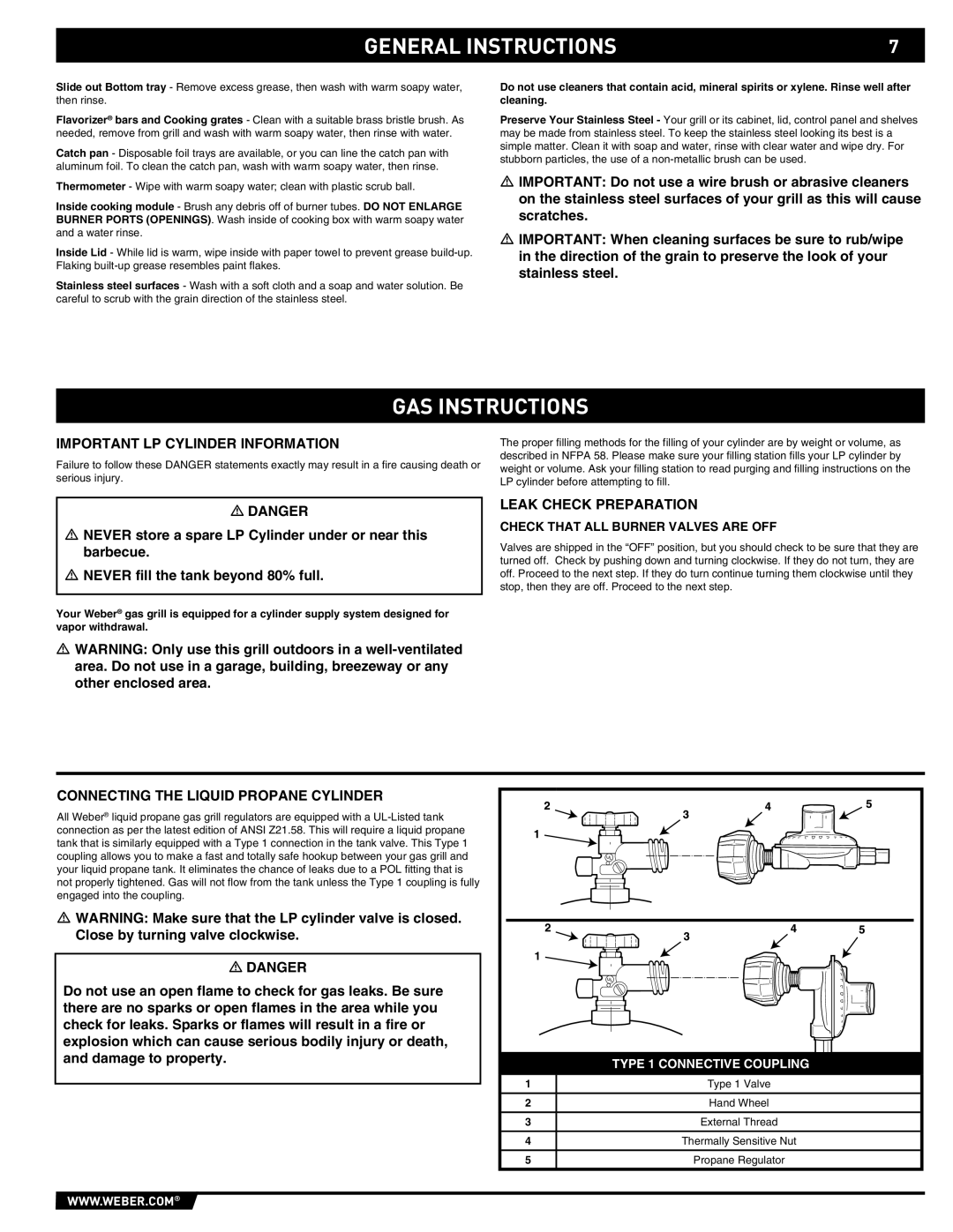 Weber S-460 manual GAS Instructions, Important LP Cylinder Information, Leak Check Preparation 