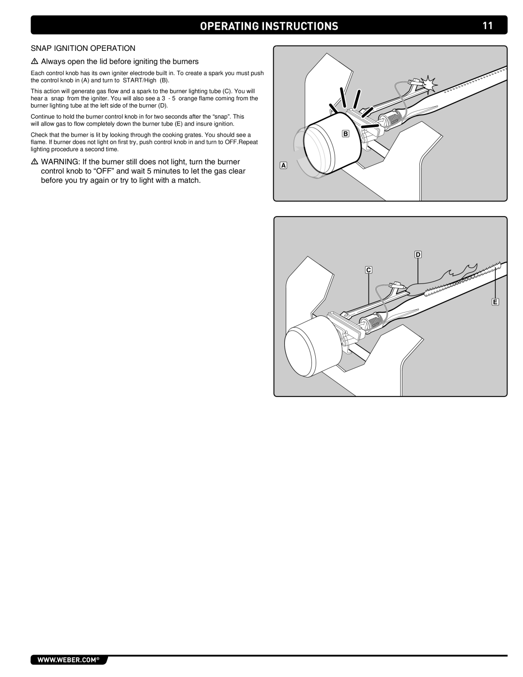 Weber S-460 manual Operating Instructions, Control knob to OFF and wait 5 minutes to let the gas clear 