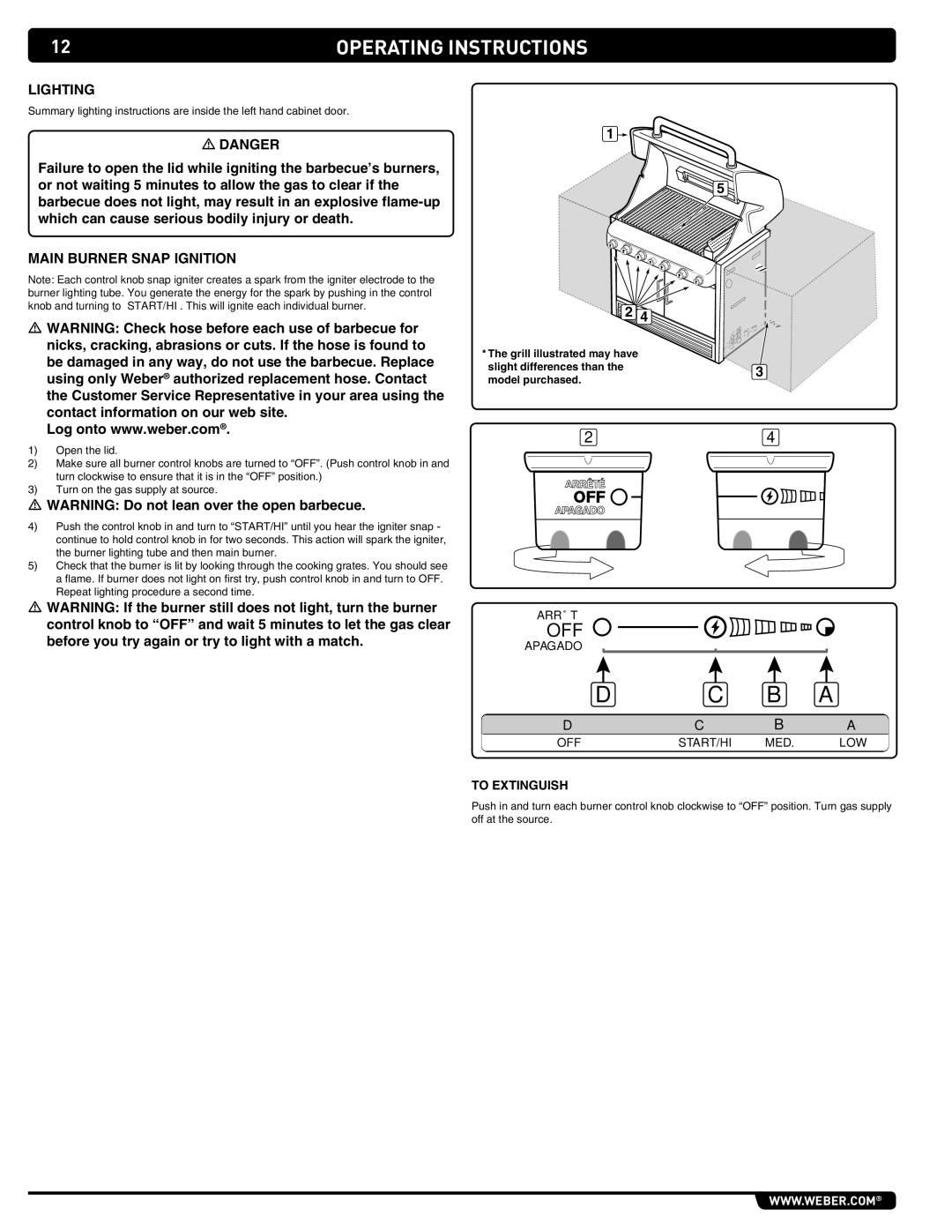 Weber S-460 manual Lighting, To Extinguish 