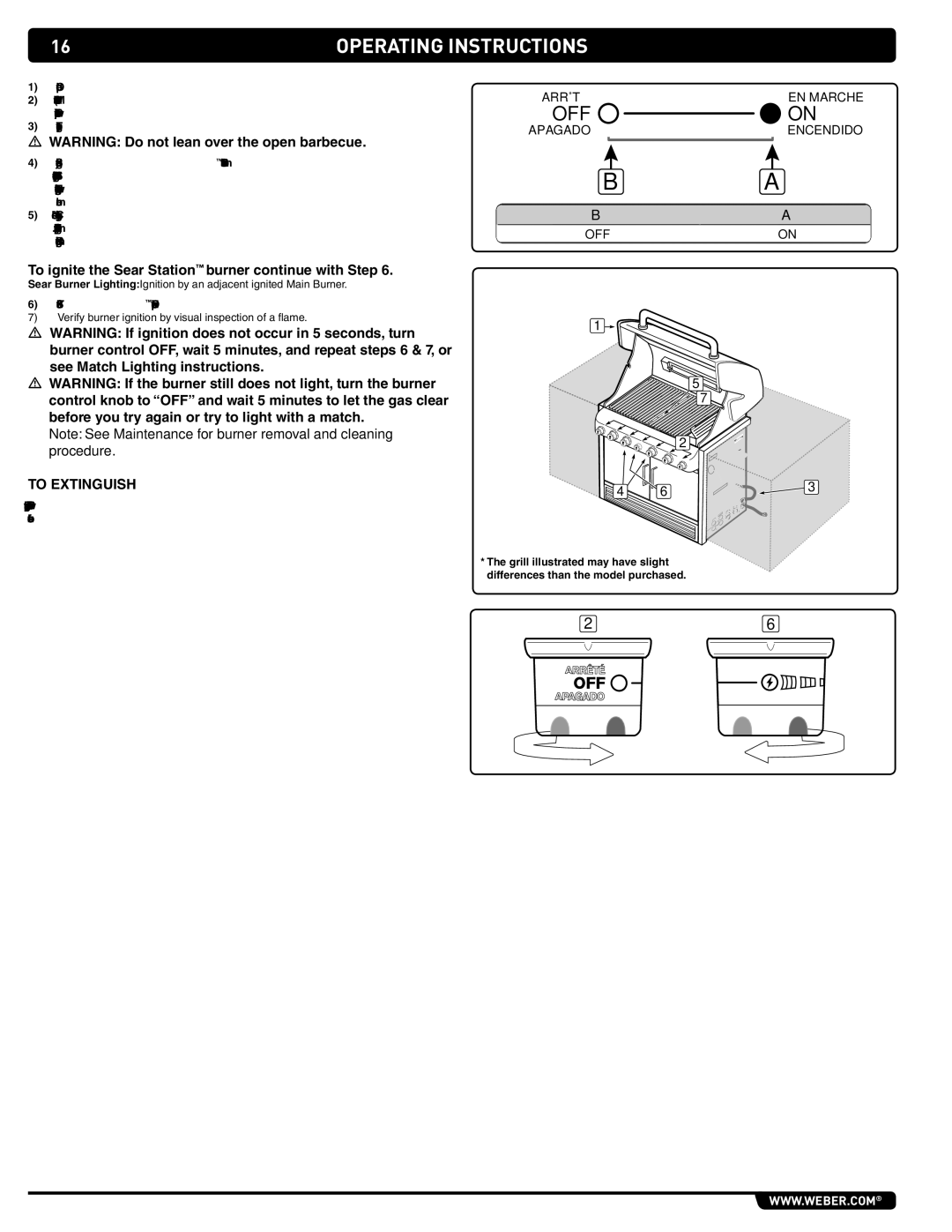 Weber S-460 manual To ignite the Sear Station burner continue with Step, To Extinguish 