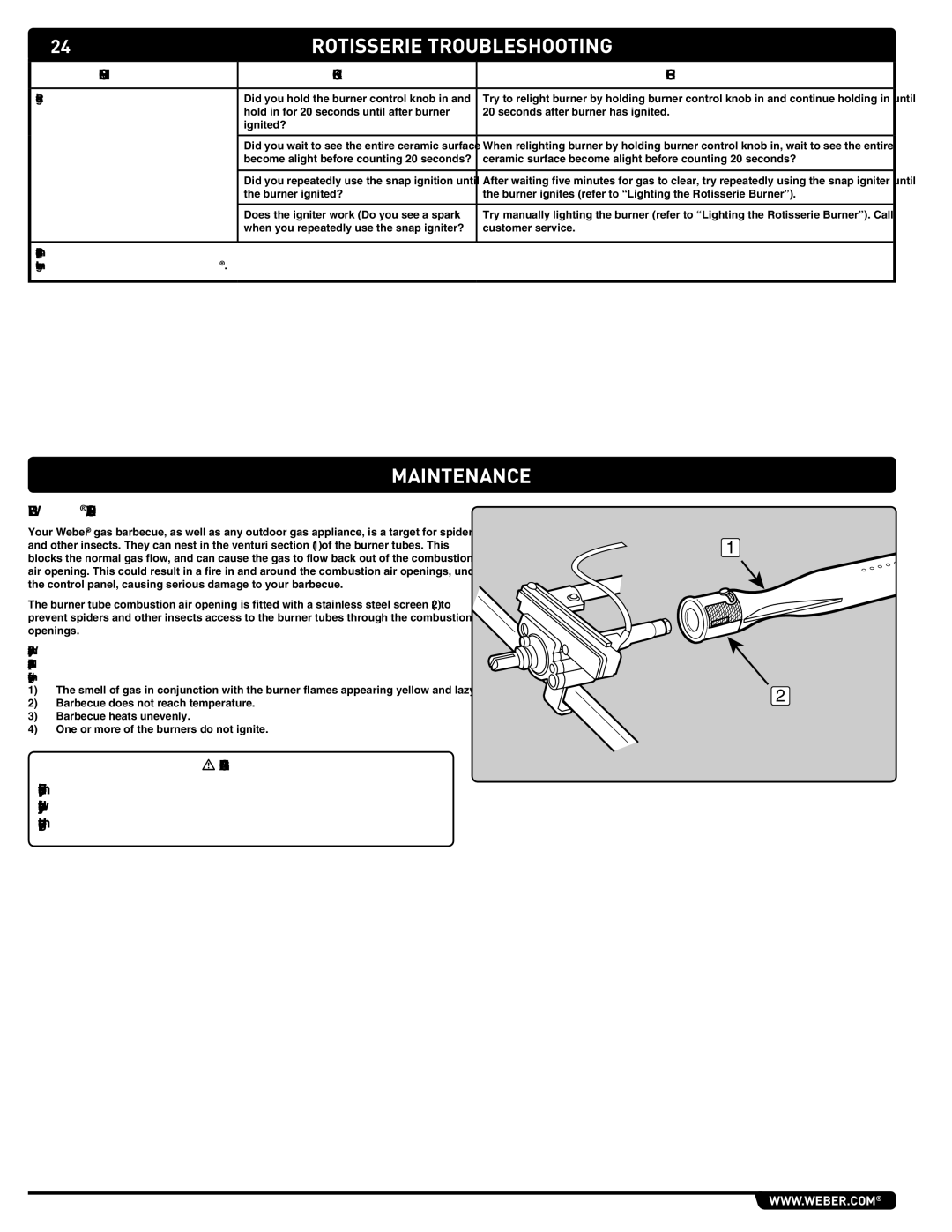 Weber S-460 manual Rotisserie Troubleshooting, Maintenance, Weber SPIDER/INSECT Screens, Rotisserie burner does not light 