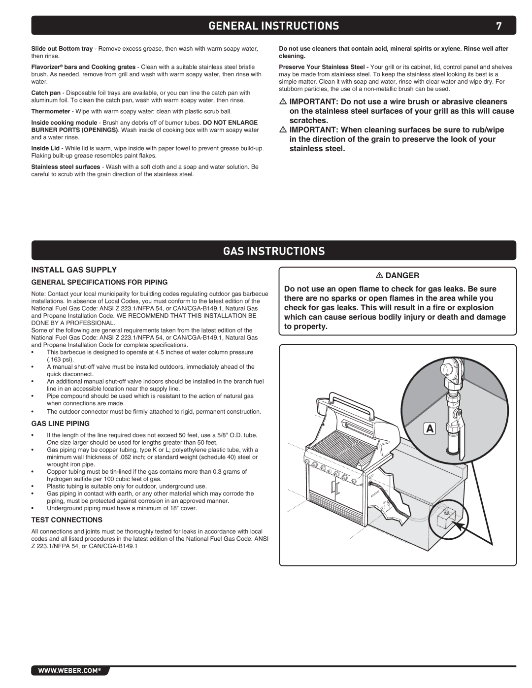 Weber S-460 Gas Instructions, Install Gas Supply, General Specifications for Piping, Gas Line Piping, Test Connections 