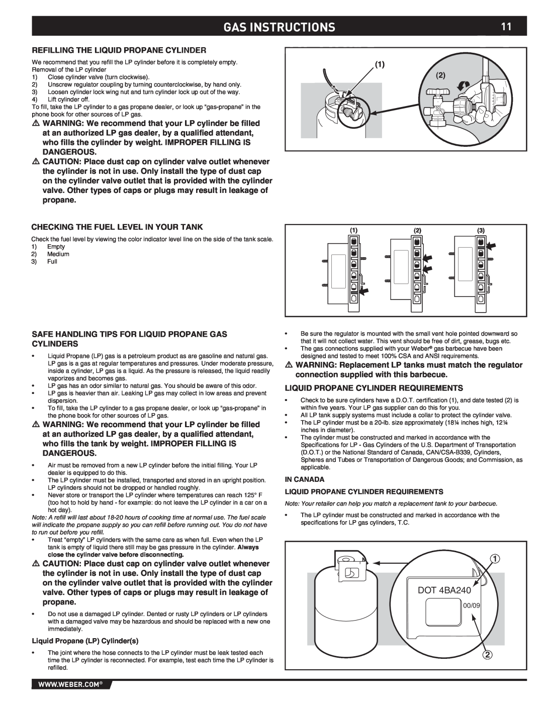 Weber S-460 Gas Instructions, DOT 4BA240, Liquid Propane LP Cylinders, In Canada Liquid Propane Cylinder Requirements 