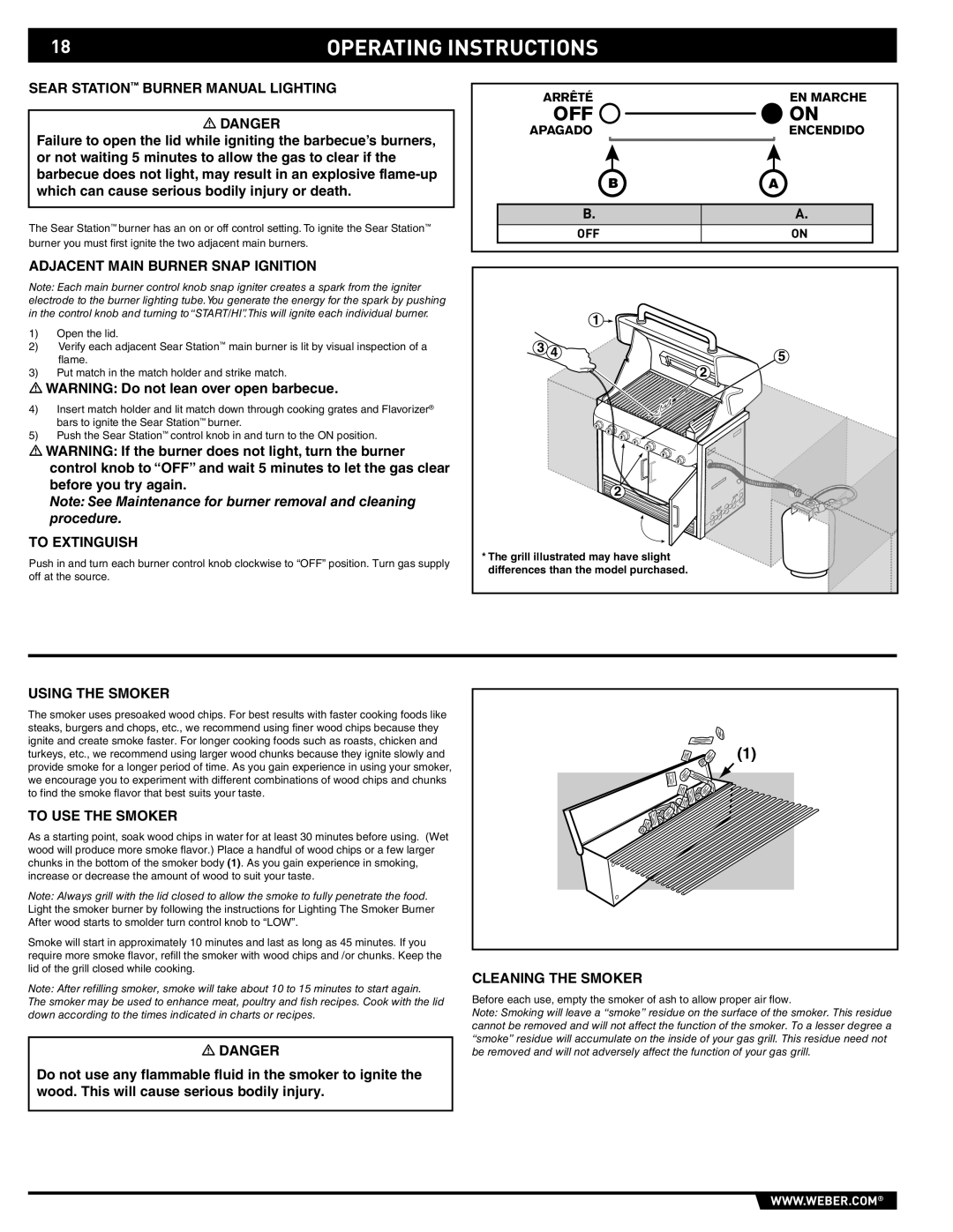 Weber S-460 manual Operating Instructions, Note See Maintenance for burner removal and cleaning procedure 