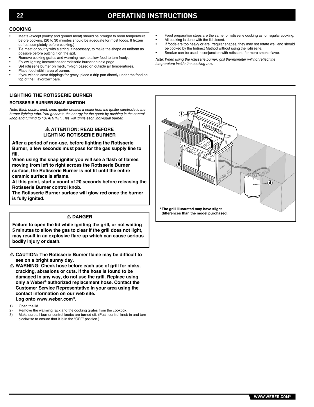 Weber S-460 manual Operating Instructions, Rotisserie Burner Snap Ignition 