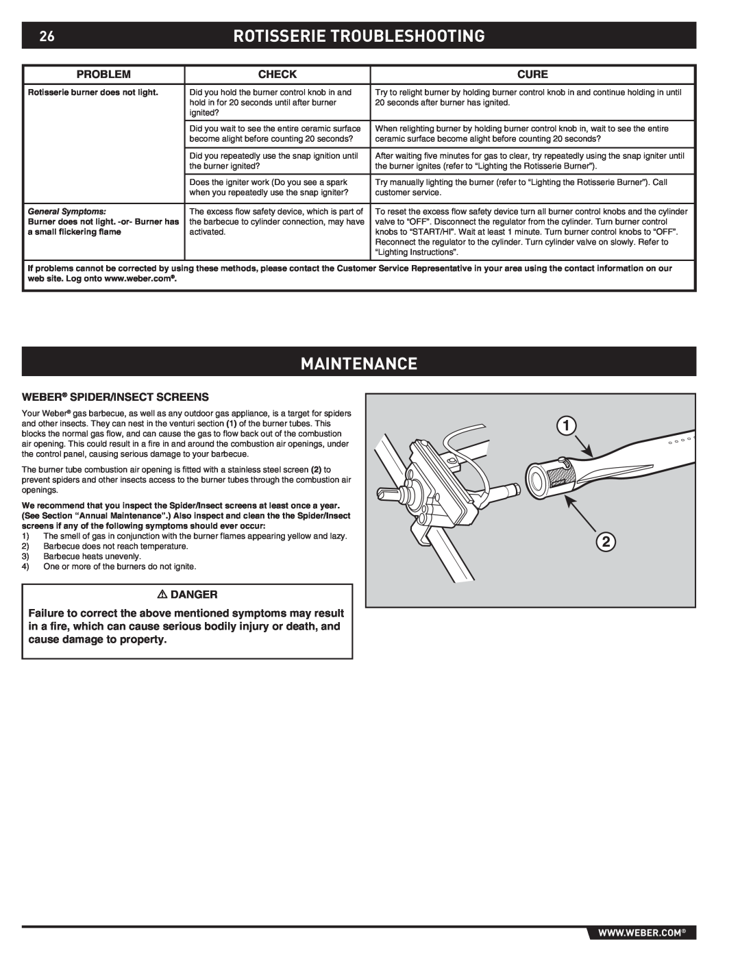 Weber S-460 manual Rotisserie Troubleshooting, Maintenance, Rotisserie burner does not light, General Symptoms 