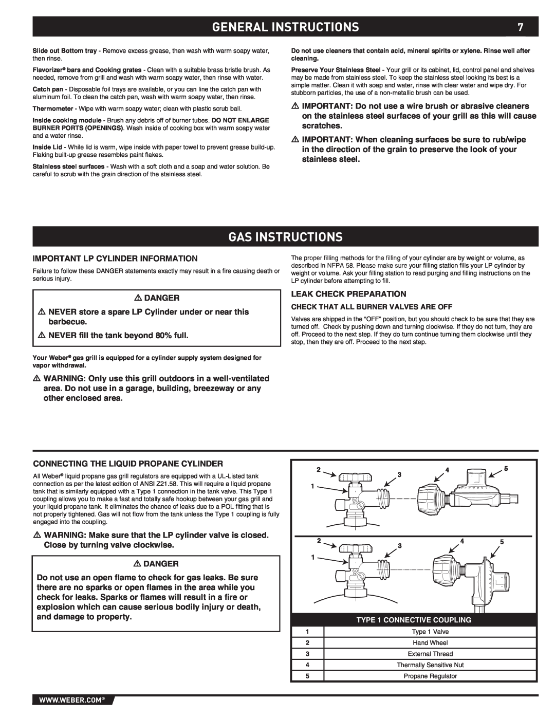 Weber S-460 manual Gas Instructions, General Instructions, Check That All Burner Valves Are Off, TYPE 1 CONNECTIVE COUPLING 