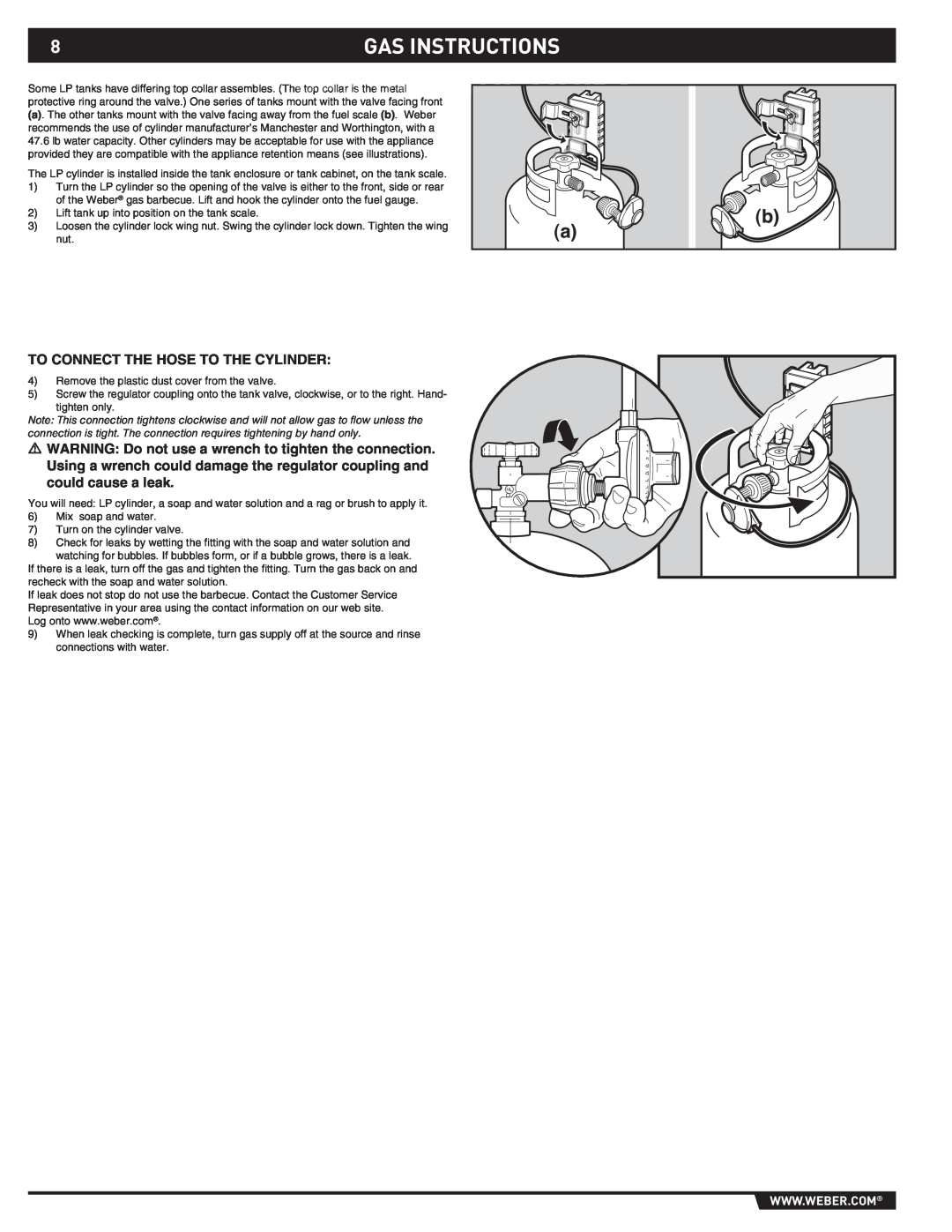 Weber S-460 manual Gas Instructions, To Connect The Hose To The Cylinder 