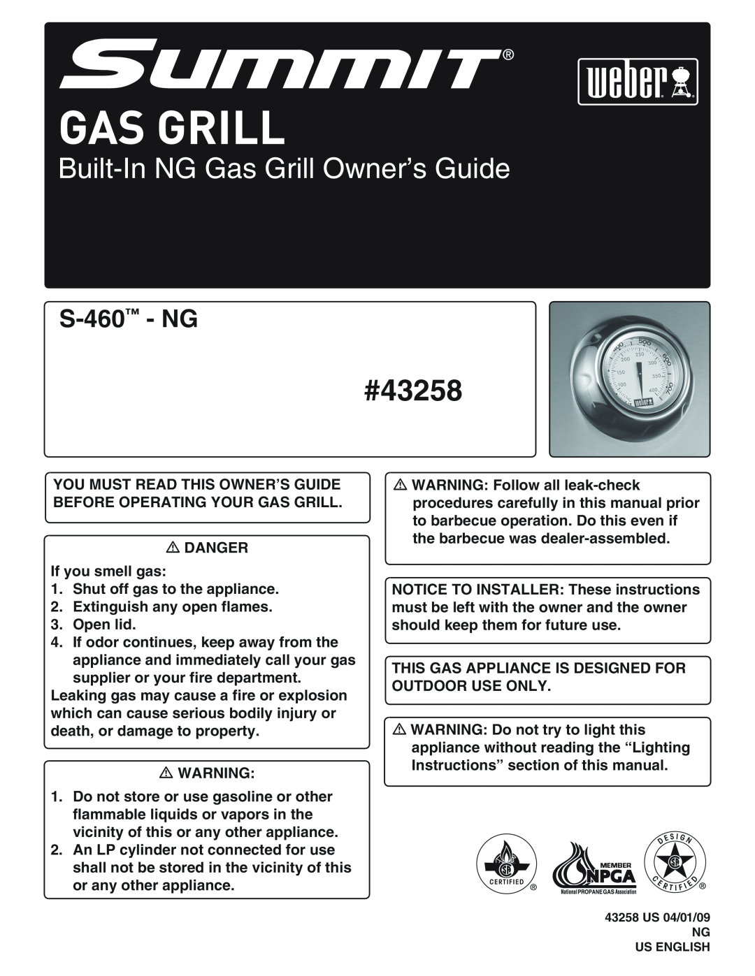Weber manual #00000, #43258, Built-InNG Gas Grill Owner’s Guide, S-460 - NG 