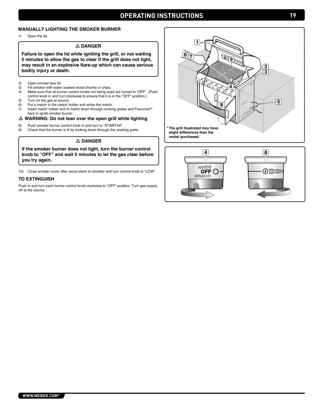 Weber S-460 manual operating Instructions, Manually Lighting the Smoker Burner, m DANGER, mDANGER 