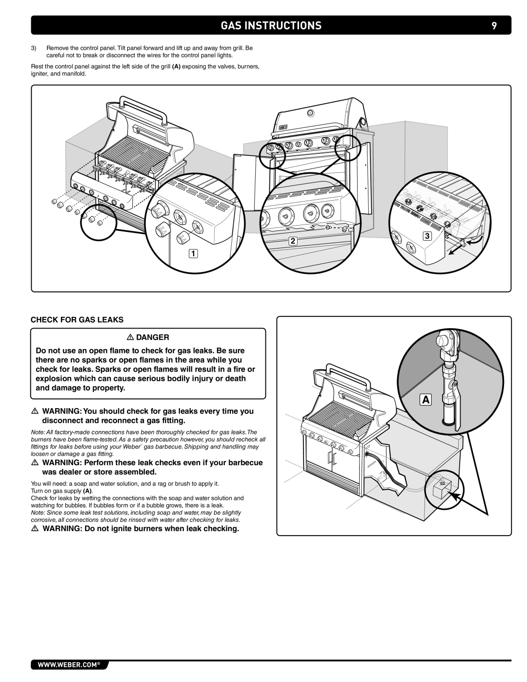 Weber S-460 manual Check for gas leaks mDANGER 