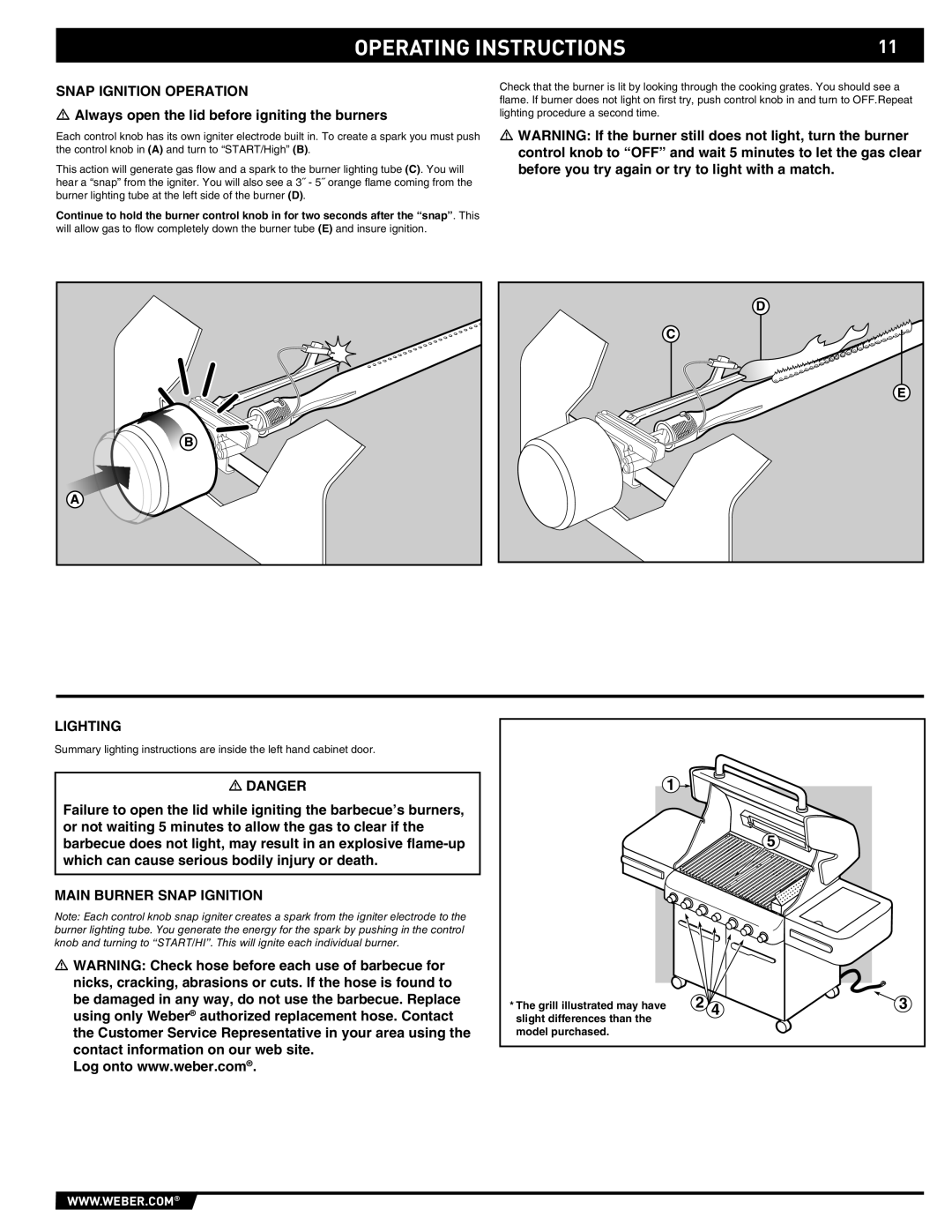 Weber S-470TM manual Operating Instructions, Snap Ignition Operation, Lighting, Main Burner Snap Ignition 