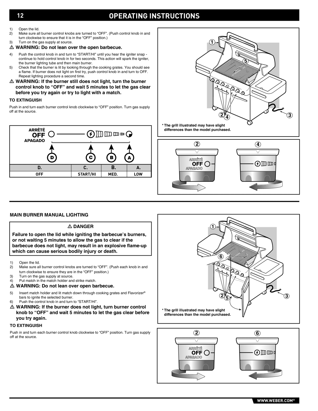 Weber S-470TM manual Main Burner Manual Lighting, To Extinguish, Arrêté, Apagado 