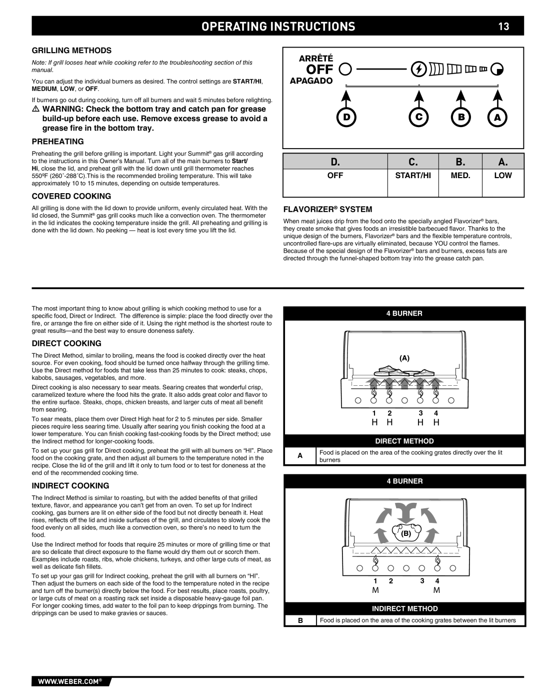 Weber S-470TM manual Preheating, Covered Cooking, Off Start/Hi Med, Flavorizer System, Direct Cooking, Indirect Cooking 
