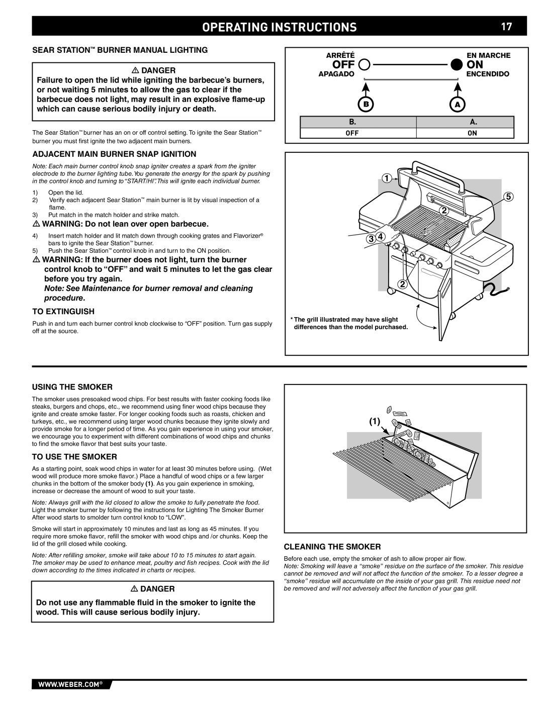 Weber S-470TM manual Sear Station Burner Manual Lighting, Using the Smoker, To USE the Smoker, Cleaning the Smoker 