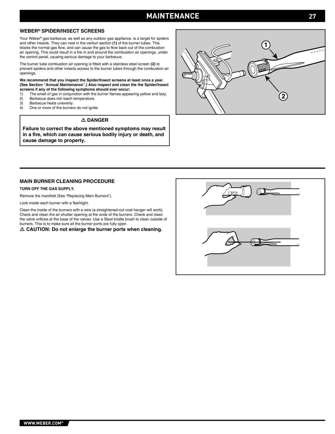 Weber S-470TM manual Maintenance, Weber SPIDER/INSECT Screens, Main Burner Cleaning Procedure 