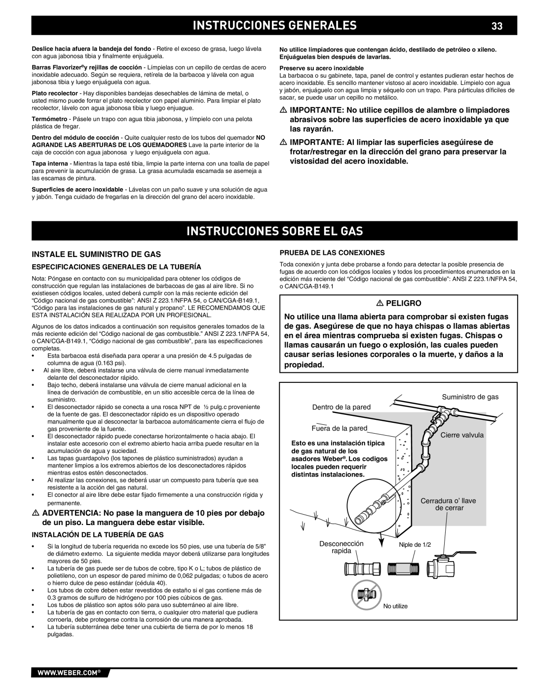 Weber S-470TM manual Instrucciones Sobre EL GAS, Instale EL Suministro DE GAS, Especificaciones Generales DE LA Tubería 