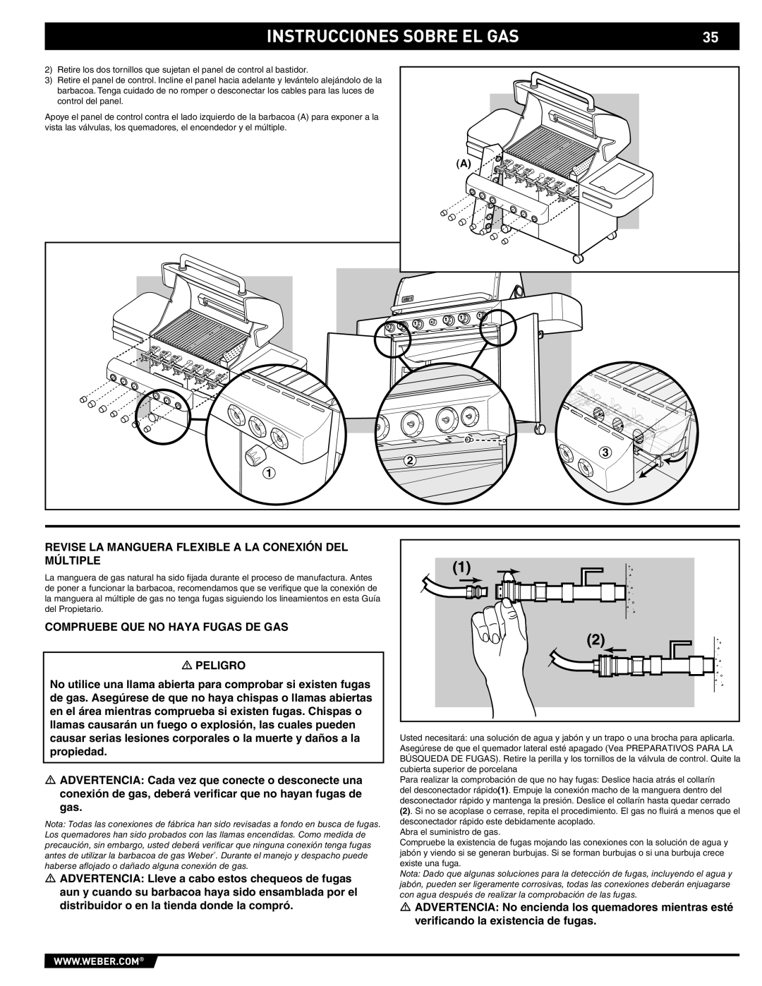 Weber S-470TM manual Revise LA Manguera Flexible a LA Conexión DEL Múltiple, Compruebe QUE no Haya Fugas DE GAS Peligro 