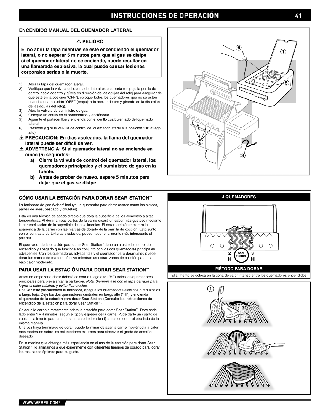 Weber S-470TM manual Encendido Manual DEL Quemador Lateral Peligro, Cómo Usar LA Estación Para Dorar Sear Station 