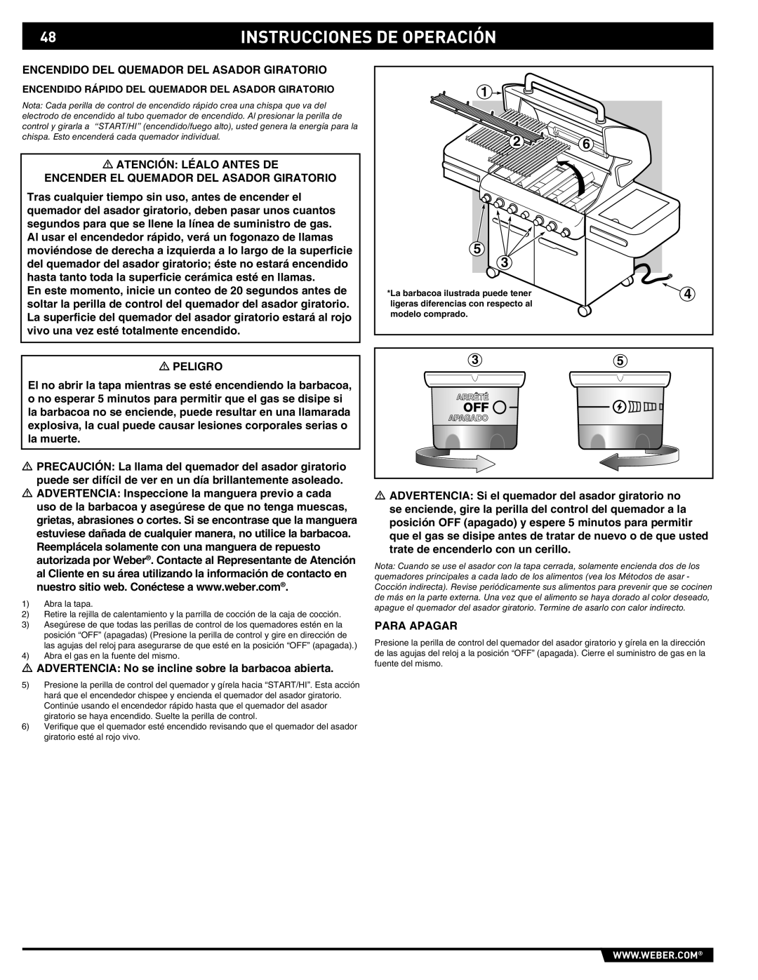 Weber S-470TM manual Encendido DEL Quemador DEL Asador Giratorio, Encendido Rápido DEL Quemador DEL Asador Giratorio 