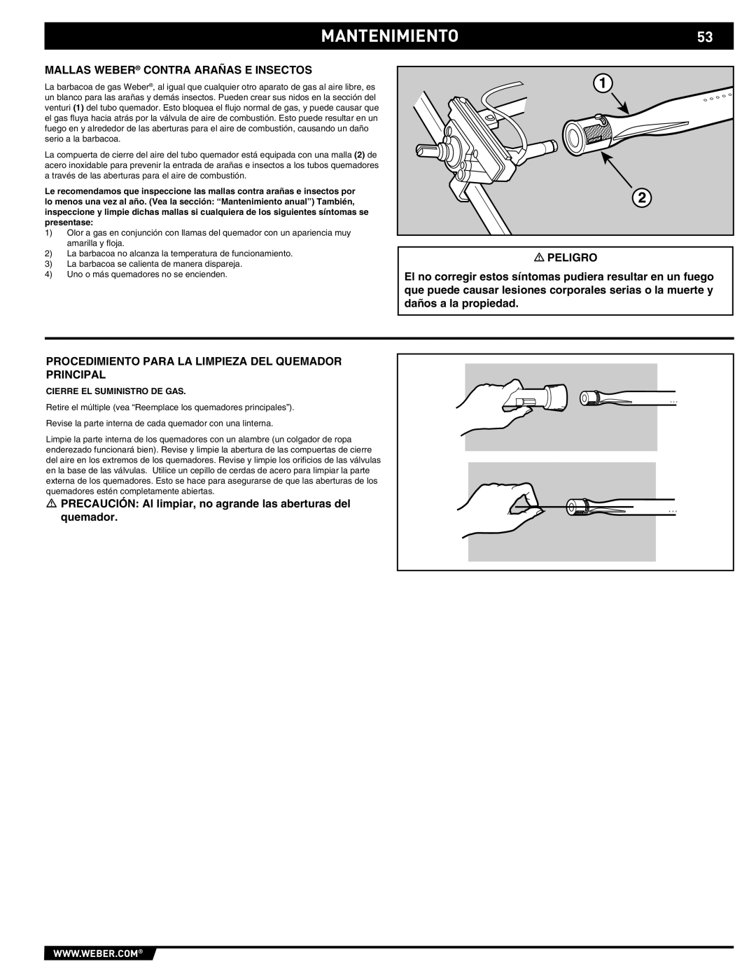 Weber S-470TM Mantenimiento, Mallas Weber Contra Arañas E Insectos, Procedimiento Para LA Limpieza DEL Quemador Principal 