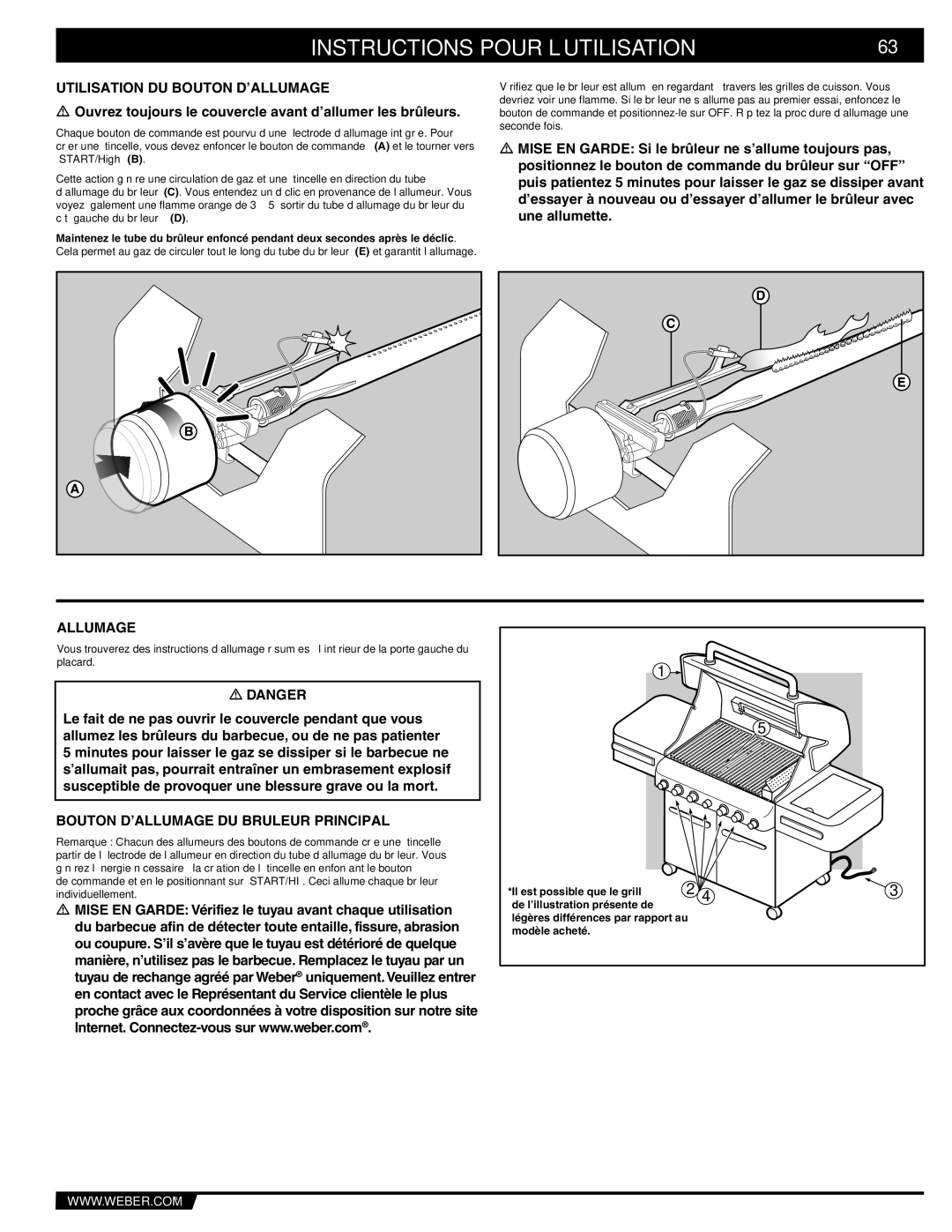 Weber S-470TM manual Instructions Pour L’UTILISATION, Utilisation DU Bouton D’ALLUMAGE, Allumage 