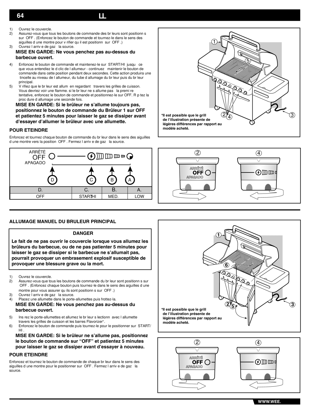 Weber S-470TM manual Pour Eteindre, Allumage Manuel DU Bruleur Principal 