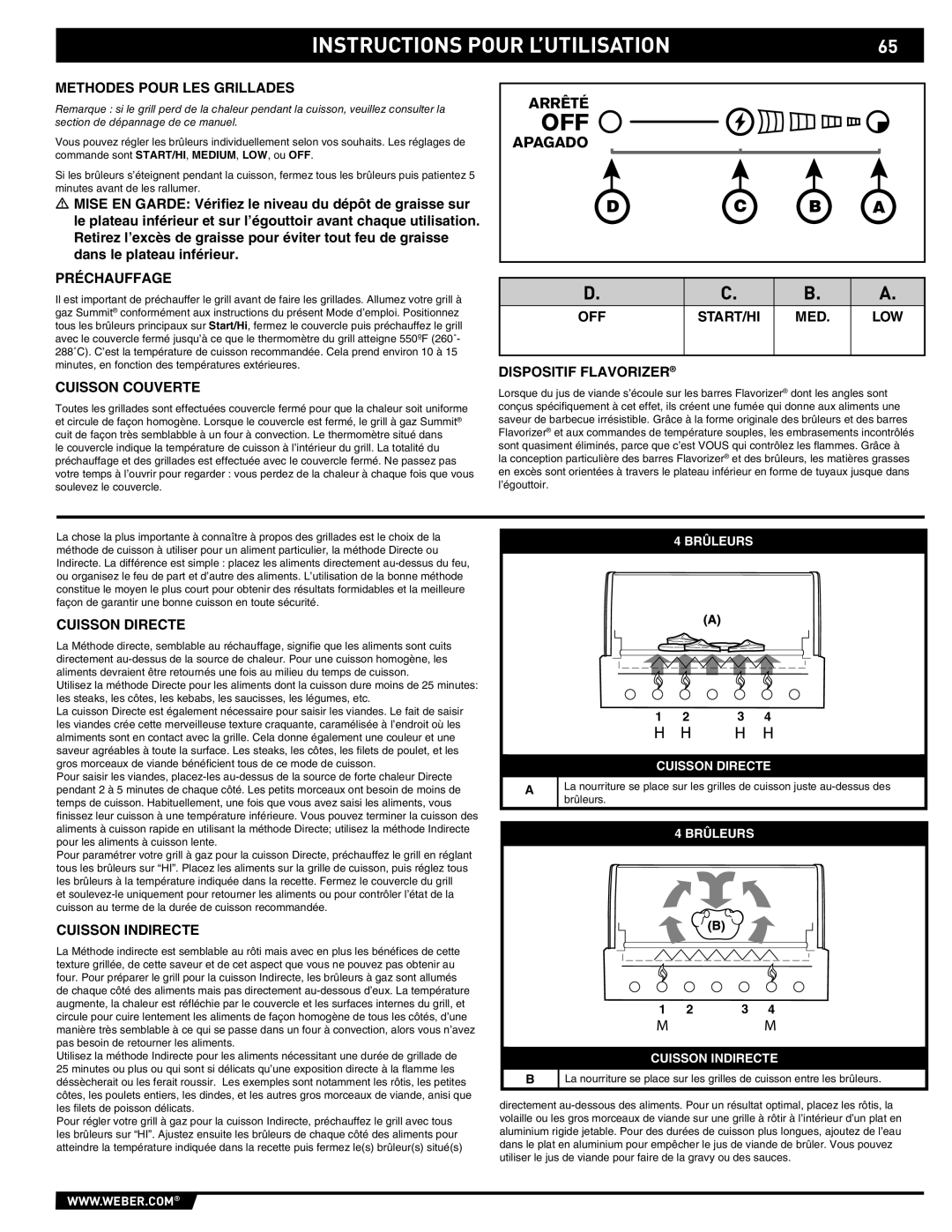 Weber S-470TM manual Préchauffage, Cuisson Couverte, Dispositif Flavorizer, Cuisson Directe, Cuisson Indirecte 