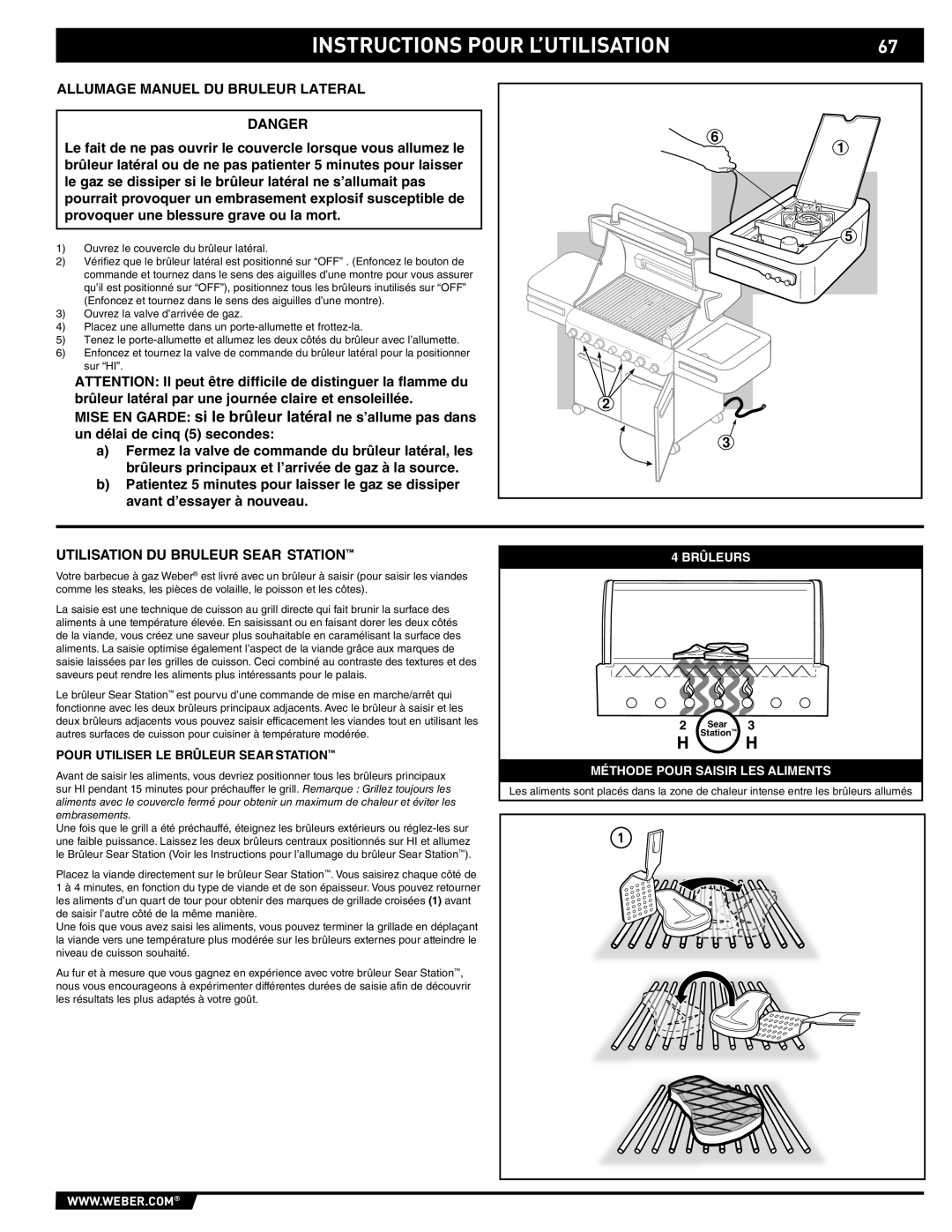 Weber S-470TM manual Allumage Manuel DU Bruleur Lateral, Utilisation DU Bruleur Sear Station 